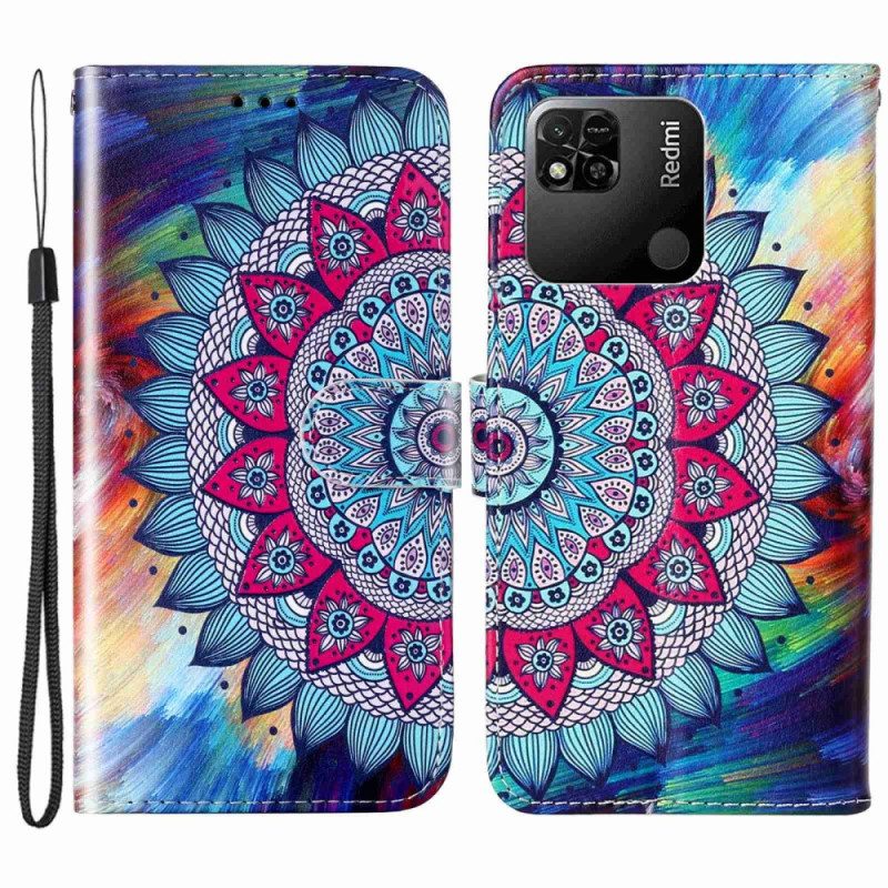 Custodia in pelle Xiaomi Redmi 10A Mandala Con Cinghie Colorate