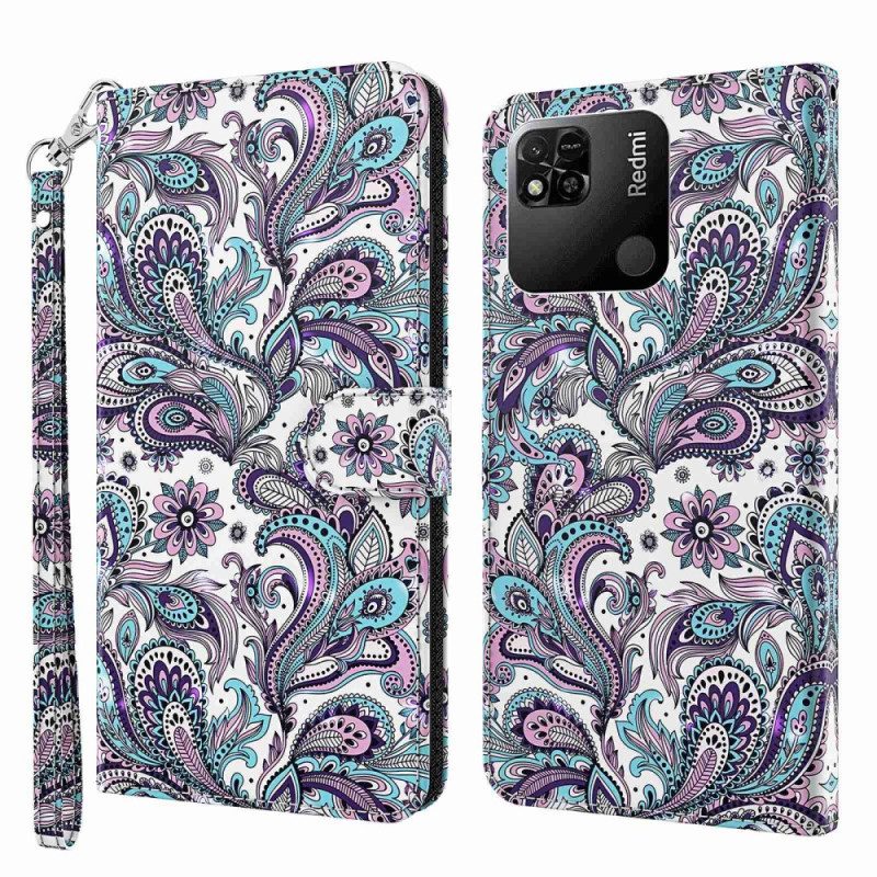 Custodia in pelle Xiaomi Redmi 10A Motivo Paisley Con Spalline