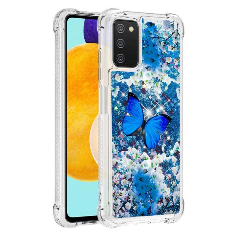 Cover Samsung Galaxy A03s Farfalle Blu Glitterate