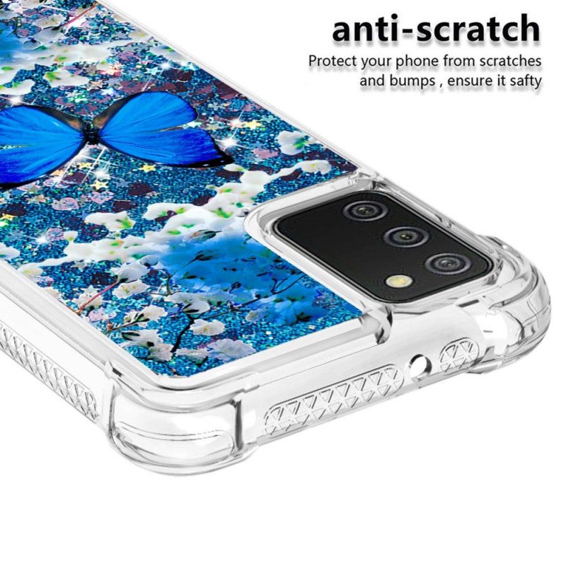 Cover Samsung Galaxy A03s Farfalle Blu Glitterate