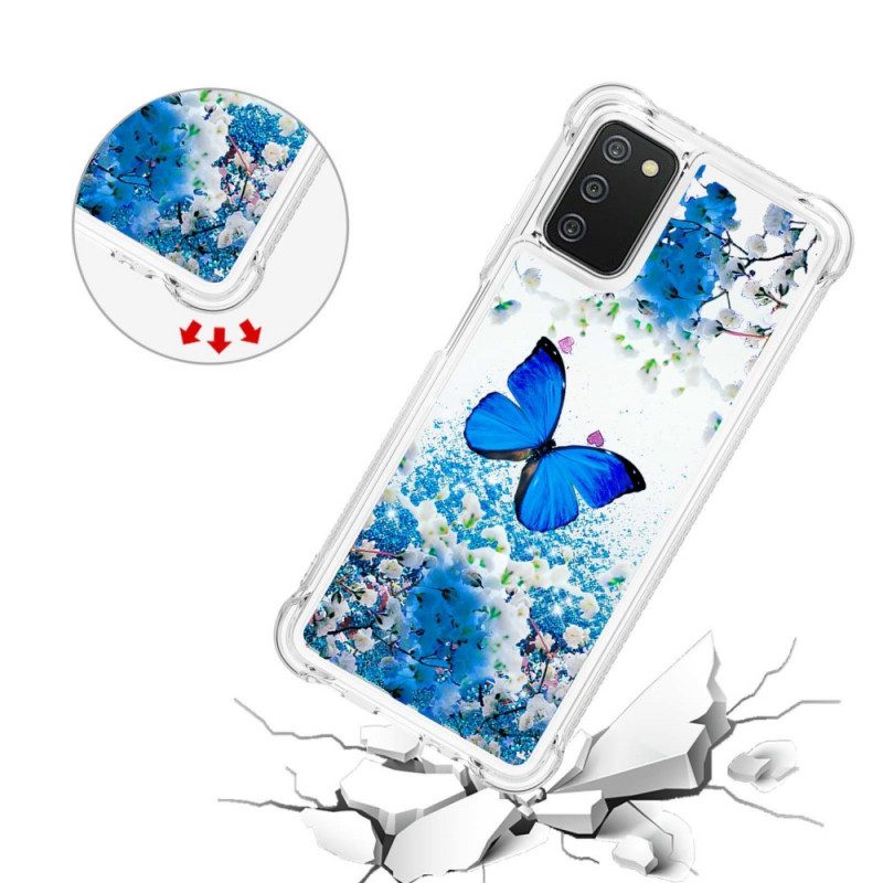 Cover Samsung Galaxy A03s Farfalle Blu Glitterate