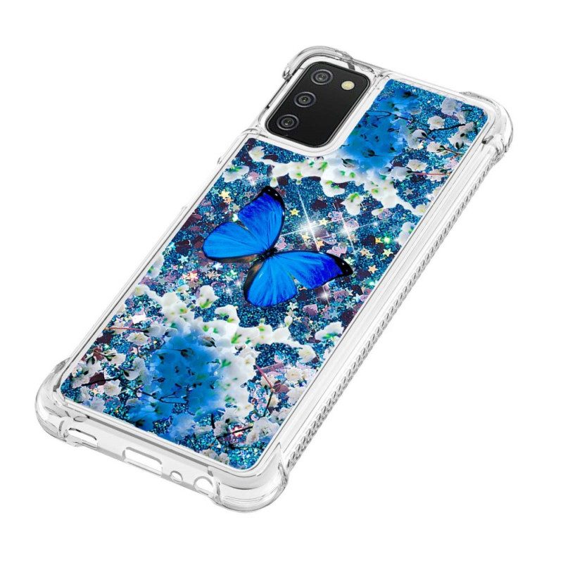 Cover Samsung Galaxy A03s Farfalle Blu Glitterate