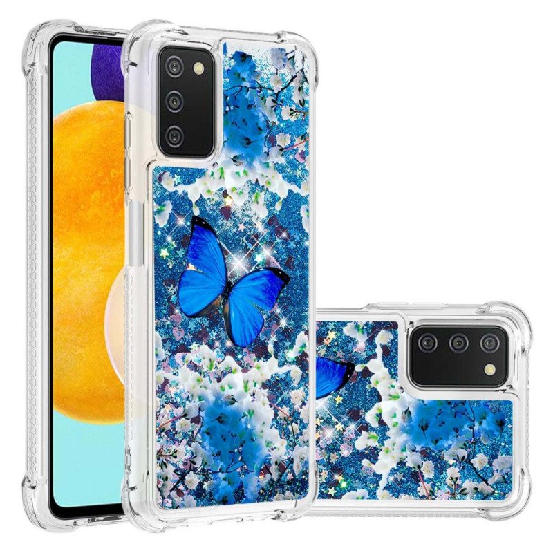 Cover Samsung Galaxy A03s Farfalle Blu Glitterate