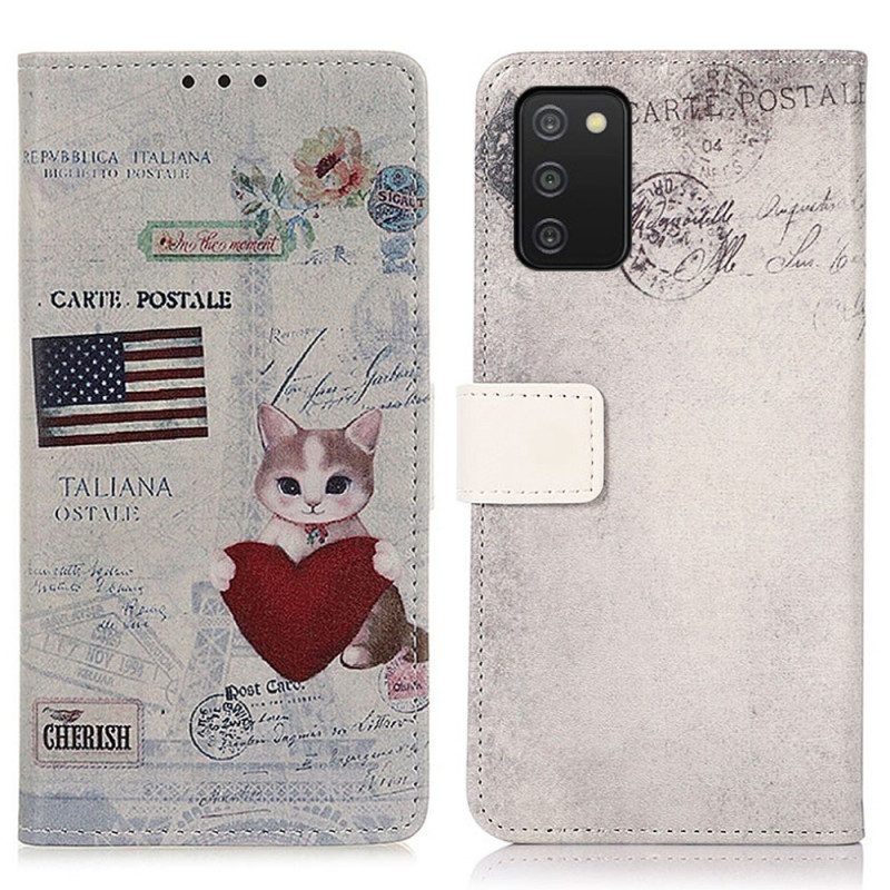 Custodia in pelle Samsung Galaxy A03s Gatto Viaggiatore