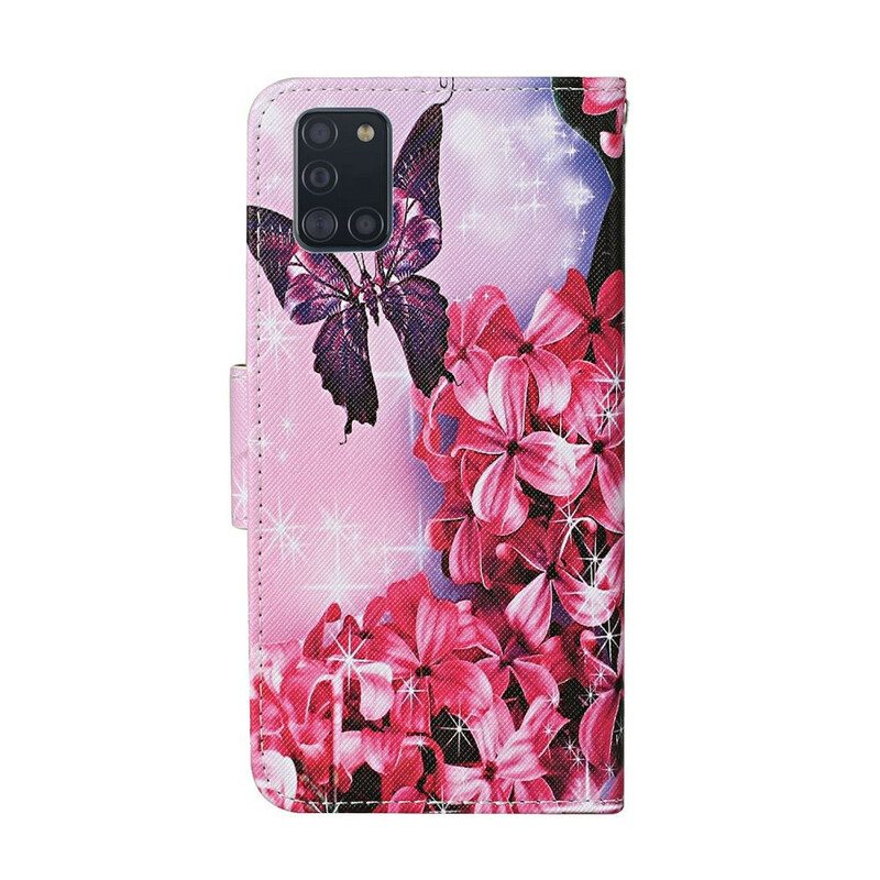 Custodia in pelle Samsung Galaxy A31 Cordino Floreale Con Farfalle