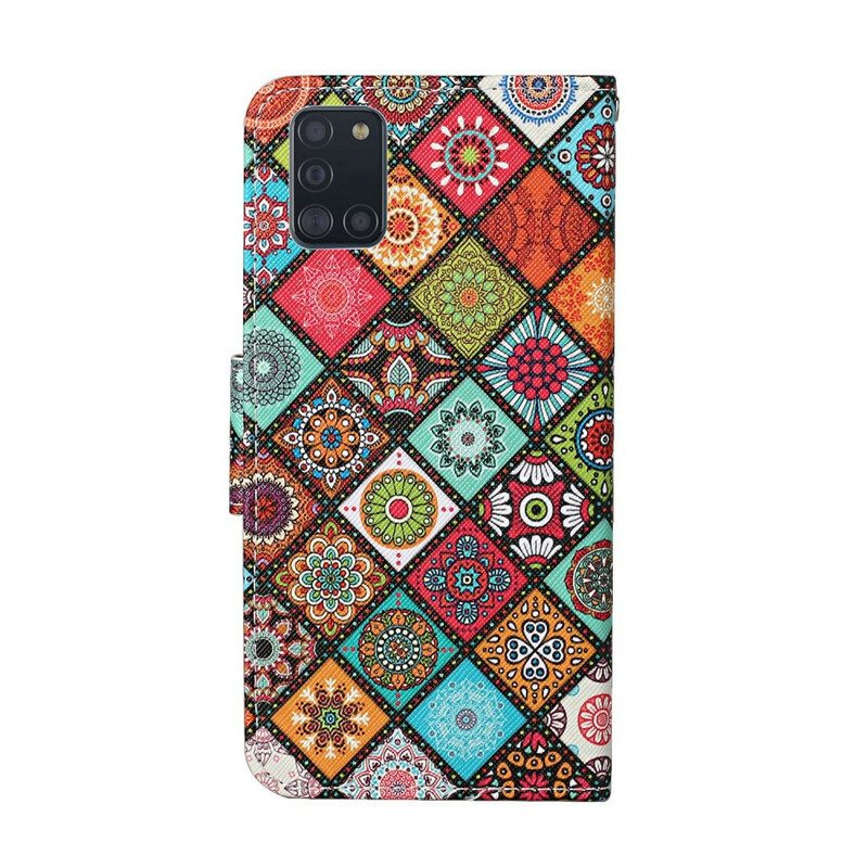 Custodia in pelle Samsung Galaxy A31 Mandala Patchwork Con Cordino