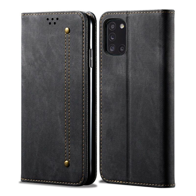 Folio Cover Samsung Galaxy A31 Custodia in pelle Tessuto Denim