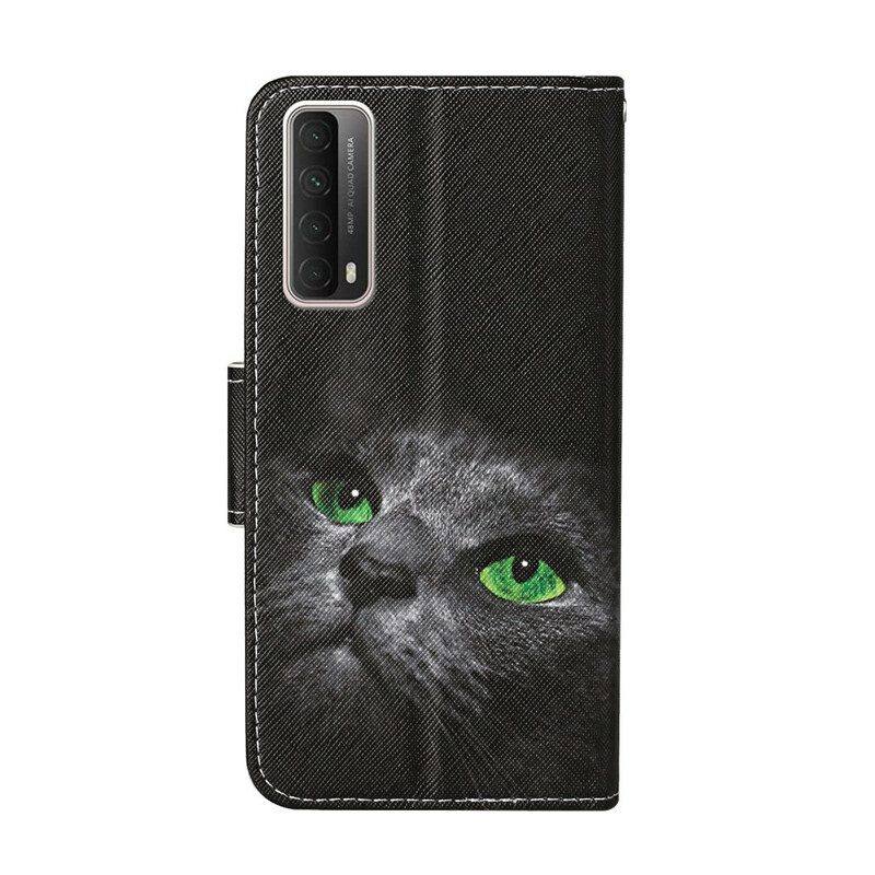 Custodia in pelle Huawei P Smart 2021 Gatto Dagli Occhi Verdi Con Cordino