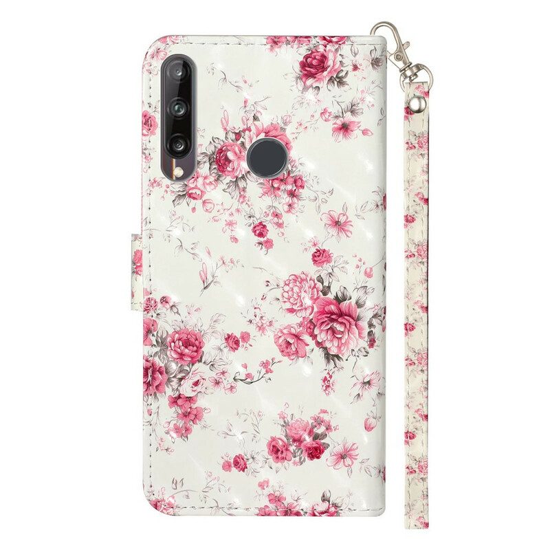 Custodia in pelle Huawei Y6p Cinturino Punto Luce Fiori