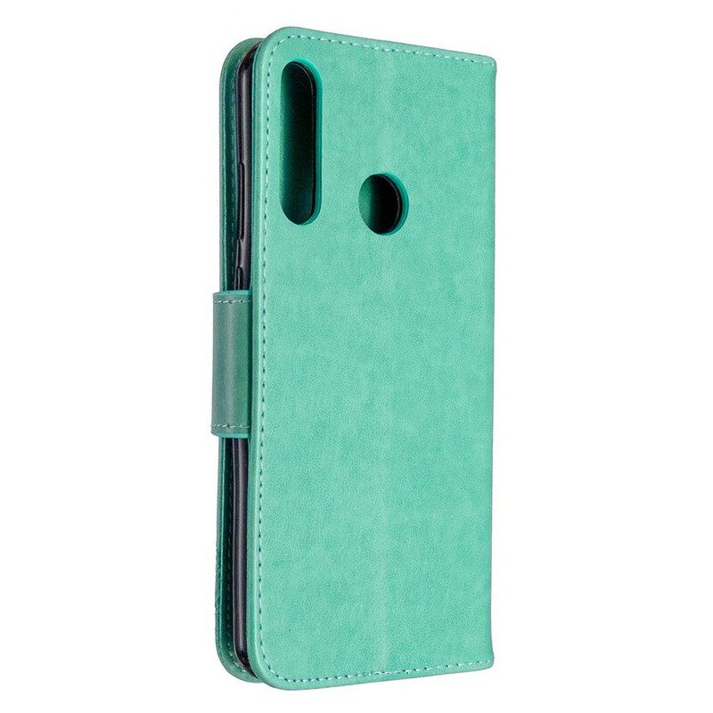 Custodia in pelle Huawei Y6p Folio Cover Farfalle E Lembo Obliquo