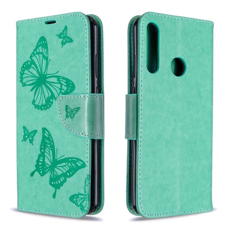 Custodia in pelle Huawei Y6p Folio Cover Farfalle E Lembo Obliquo