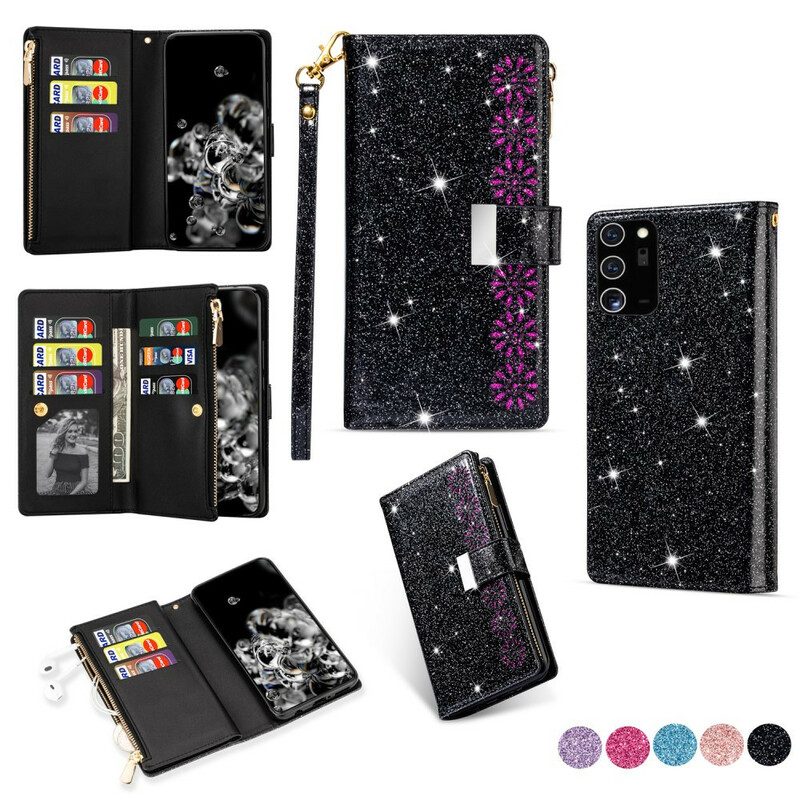 Custodia in pelle Samsung Galaxy Note 20 Portafoglio Portafoglio Con Zip In Paillettes