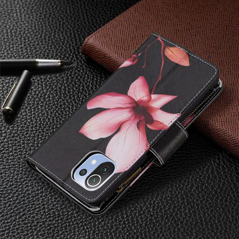 Custodia in pelle Xiaomi Mi 11 Lite 4G / 5G / 5G NE Tasca Con Zip Fiore Rosa