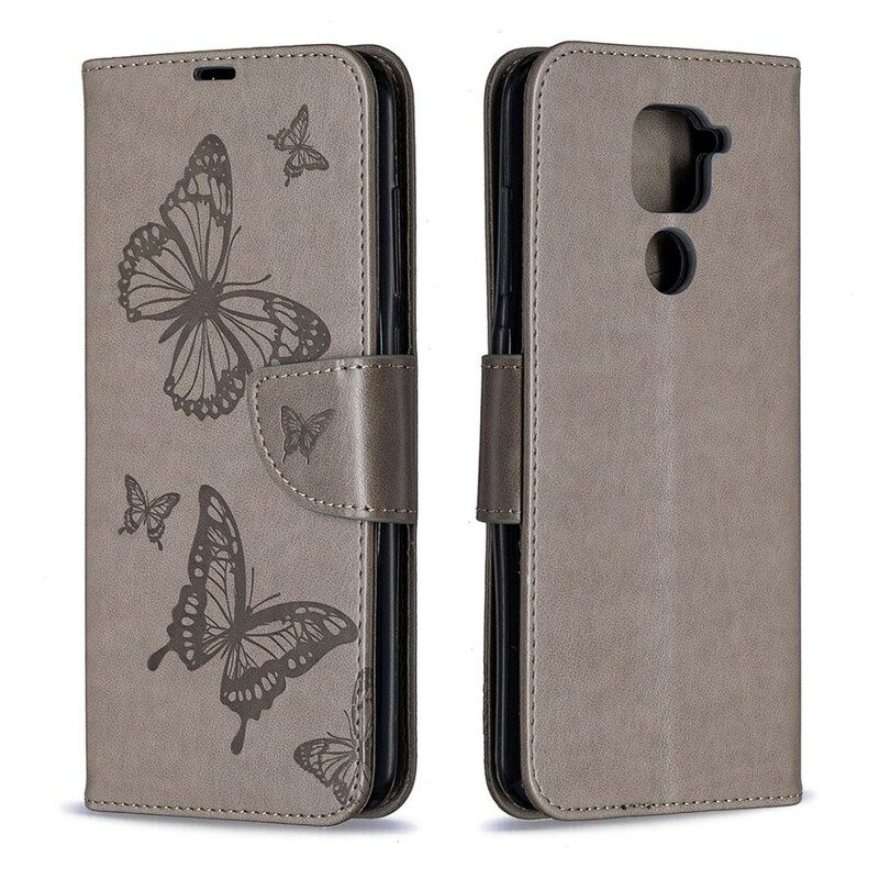 Custodia in pelle Xiaomi Redmi Note 9 Folio Cover Farfalle E Lembo Obliquo