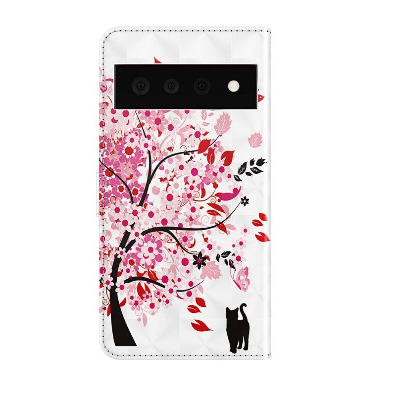 Custodia in pelle Google Pixel 6 Pro Albero Rosa E Gatto Nero