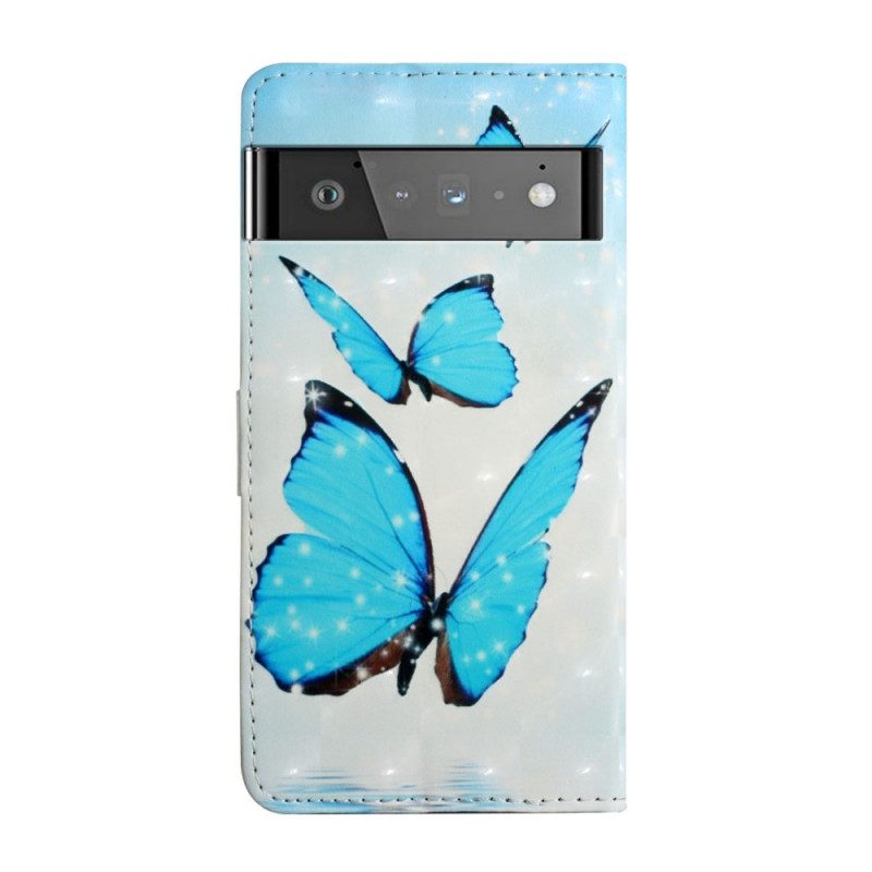 Custodia in pelle Google Pixel 6 Pro Farfalle Blu Volanti