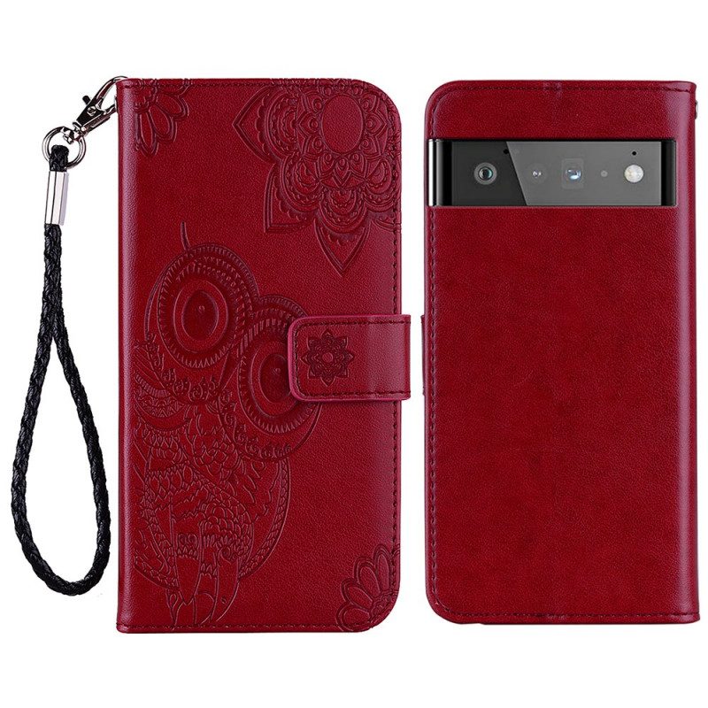 Custodia in pelle Google Pixel 6 Pro Gufo Mandala E Cordino