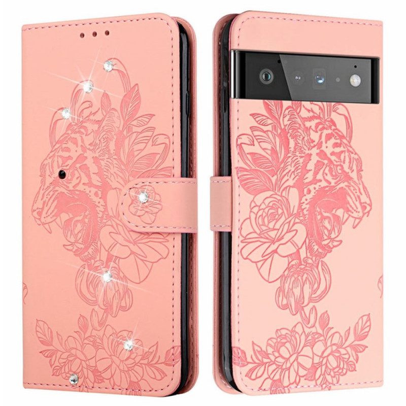 Custodia in pelle Google Pixel 6 Pro Tigre Barocca E Strass