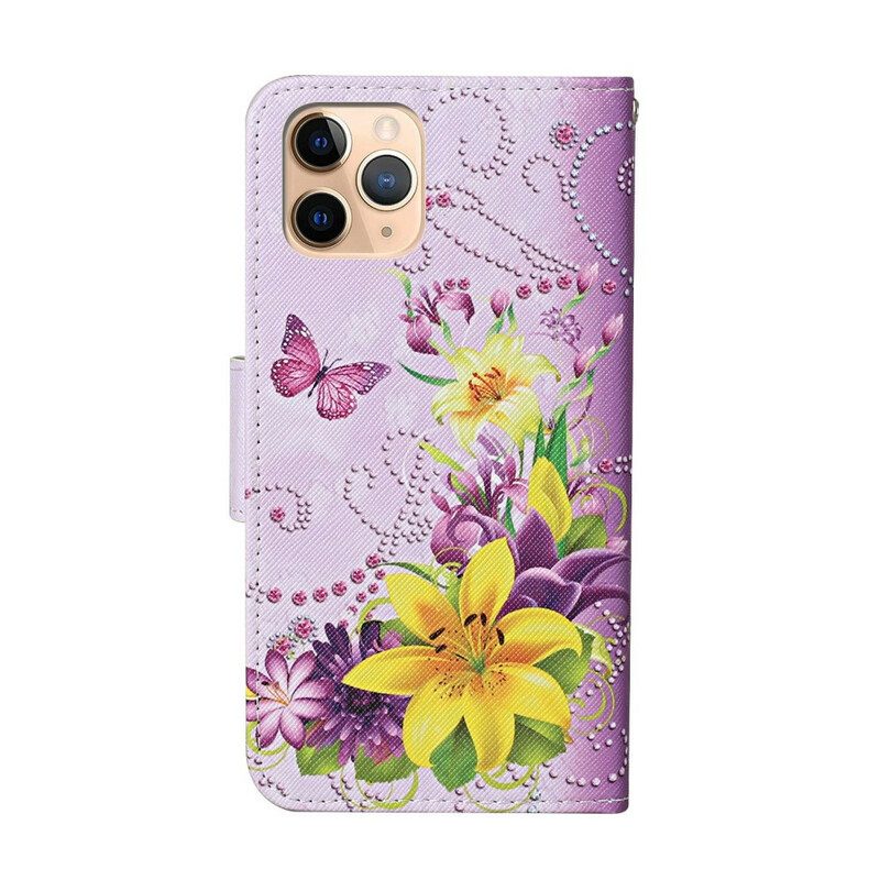 Custodia in pelle iPhone 12 Pro Max Fiori Magistrali Con Cinturino