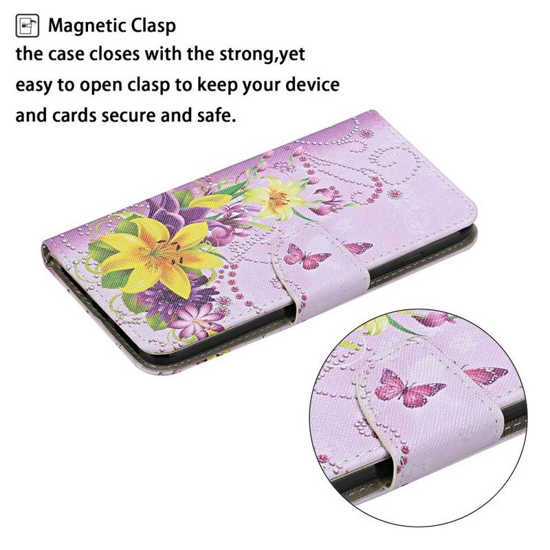 Custodia in pelle iPhone 12 Pro Max Fiori Magistrali Con Cinturino