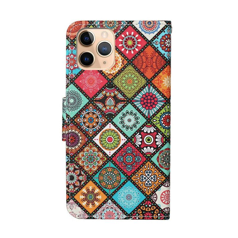 Custodia in pelle iPhone 12 Pro Max Mandala Patchwork Con Cordino