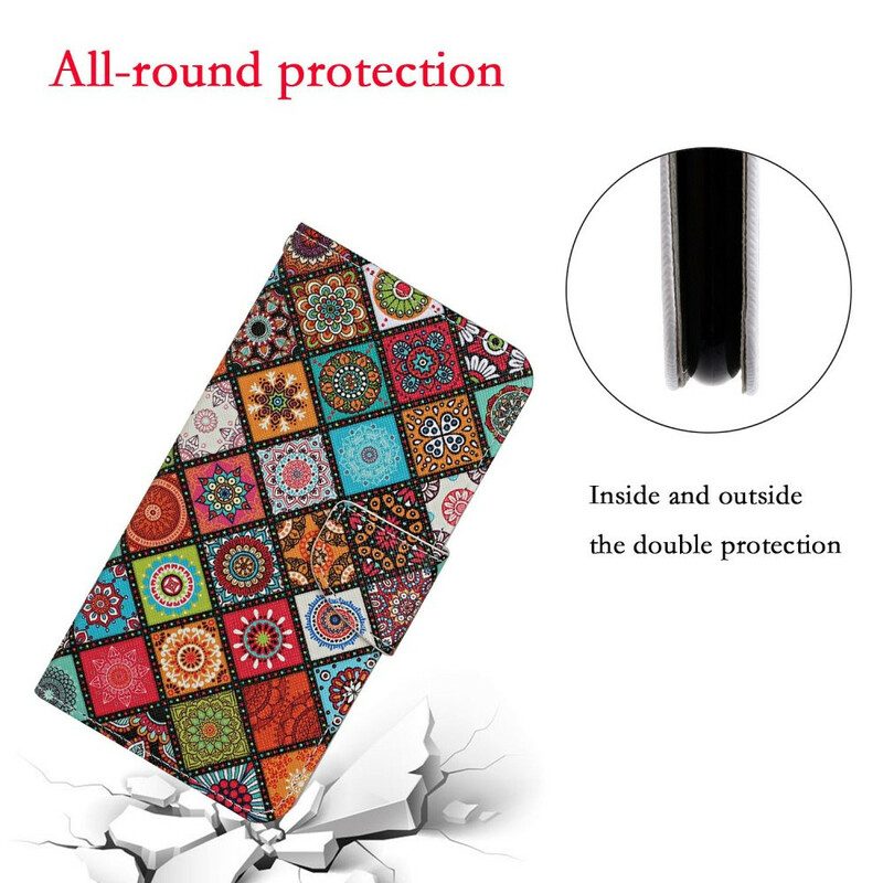 Custodia in pelle iPhone 12 Pro Max Mandala Patchwork Con Cordino