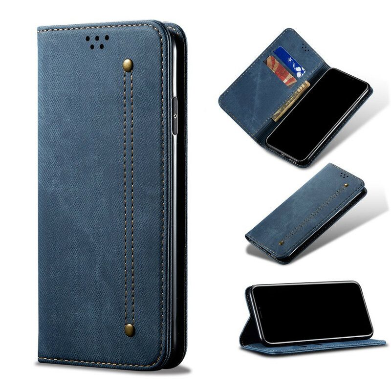 Folio Cover iPhone 12 Pro Max Custodia in pelle Trama Di Jeans In Ecopelle