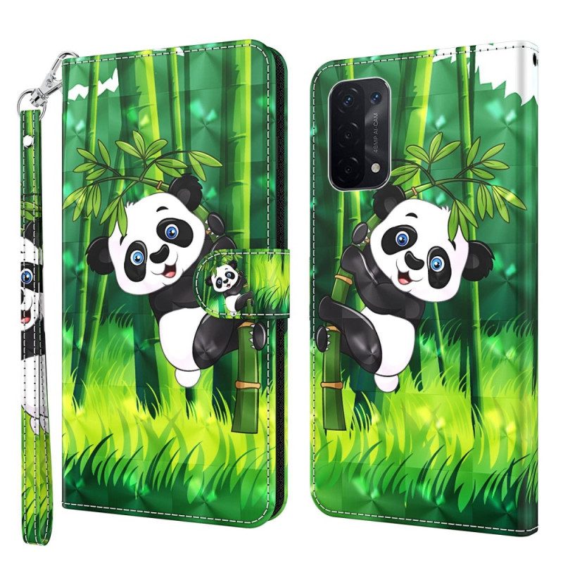 Custodia in pelle Oppo A54 5G / A74 5G Panda E Bambù Con Cordino