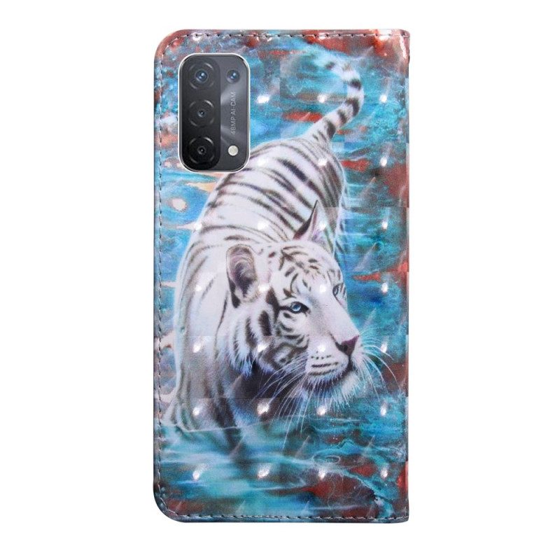 Custodia in pelle Oppo A54 5G / A74 5G Tigre In Finta Pelle Con Cordino