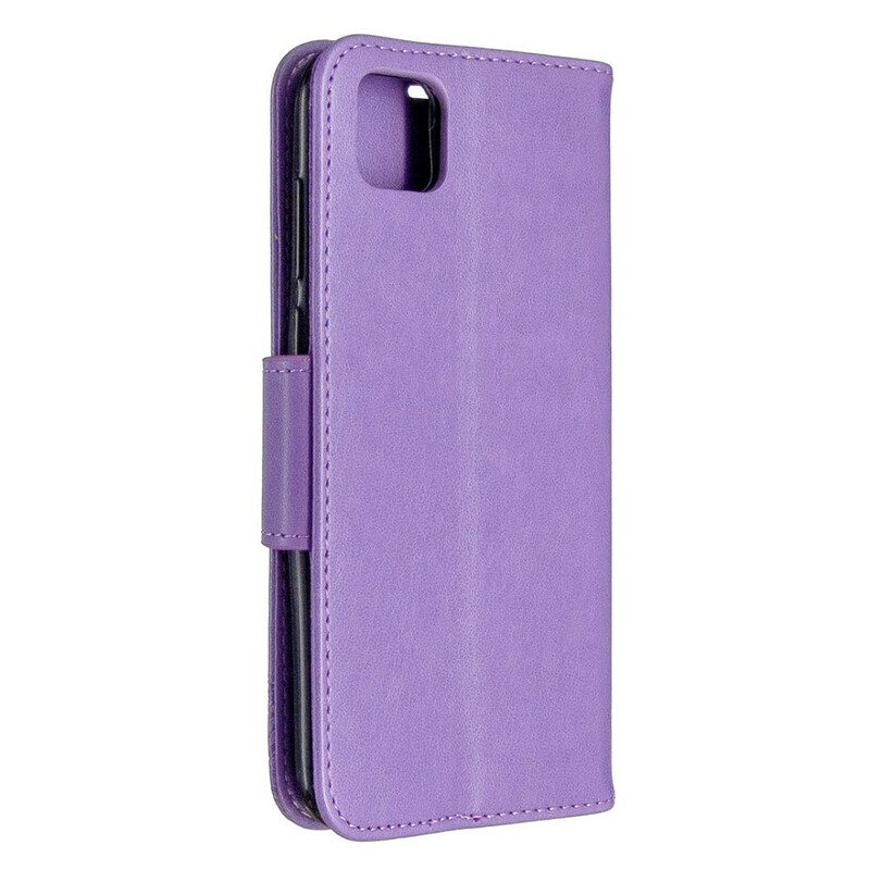 Custodia in pelle Huawei Y5p Folio Cover Farfalle E Lembo Obliquo