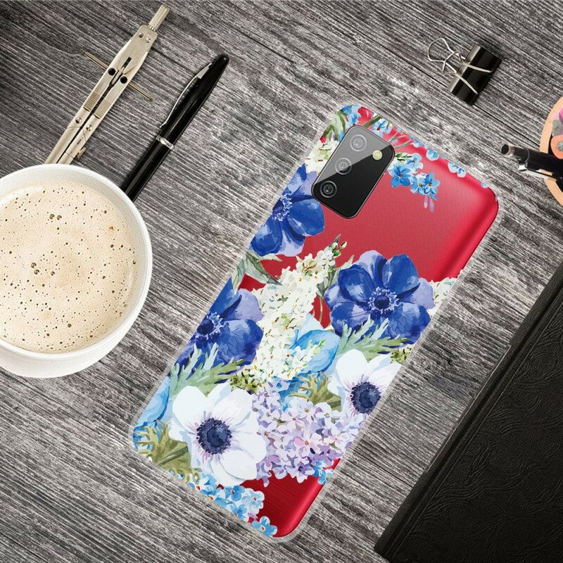 Cover Samsung Galaxy A02s Fiori Blu Dell'acquerello Senza Soluzione Di Continuità