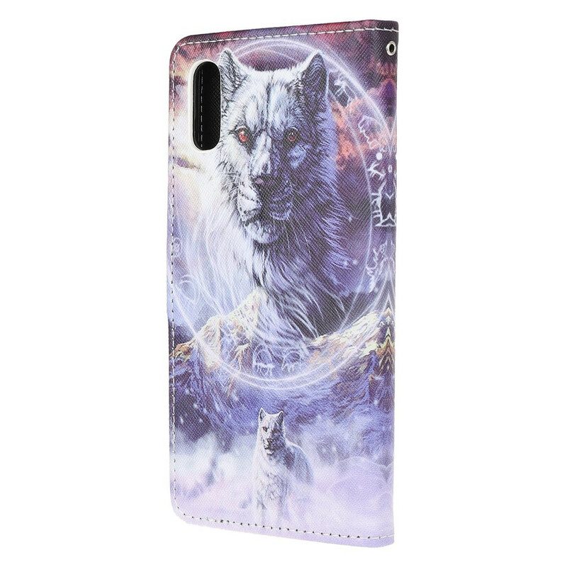 Custodia in pelle Xiaomi Redmi 9A Lupo In Inverno Con Cordino