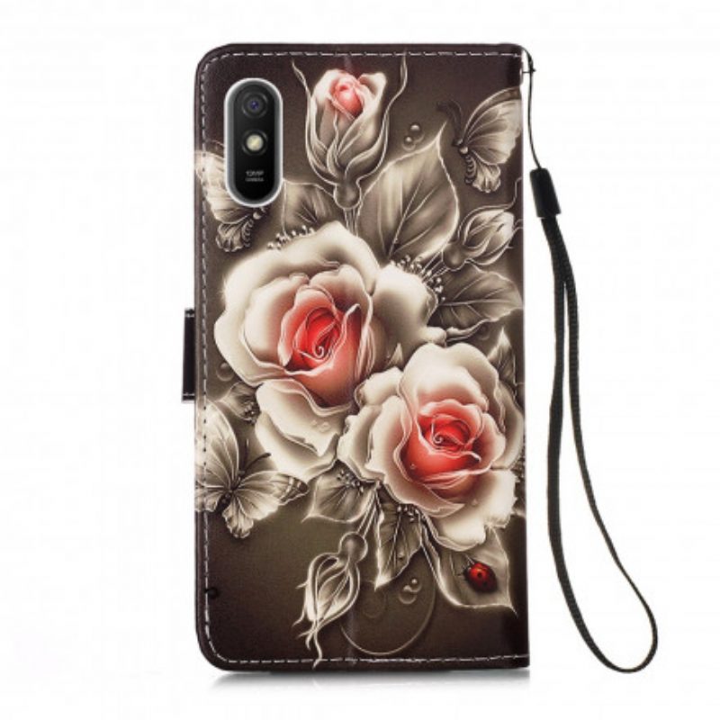 Custodia in pelle Xiaomi Redmi 9A Rosa Nera Con Cinturino