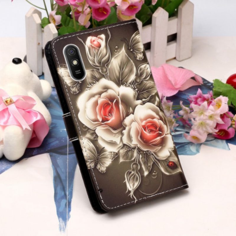 Custodia in pelle Xiaomi Redmi 9A Rosa Nera Con Cinturino