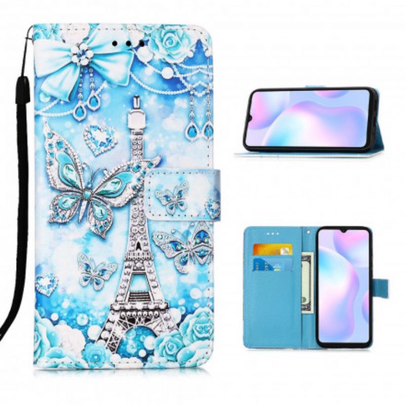 Folio Cover Xiaomi Redmi 9A Cinturino A Farfalla Della Torre Eiffel