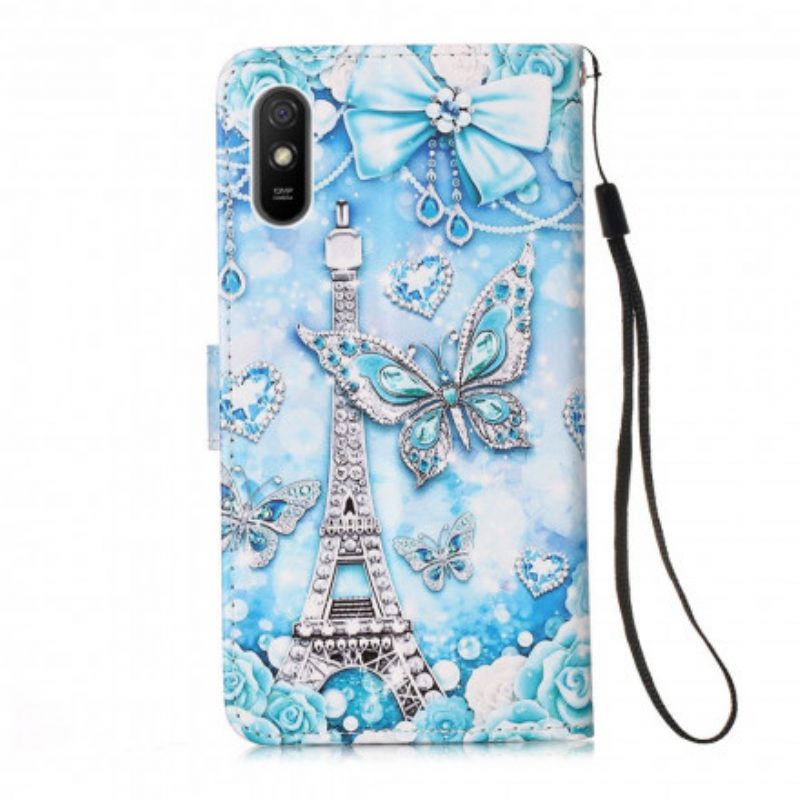 Folio Cover Xiaomi Redmi 9A Cinturino A Farfalla Della Torre Eiffel