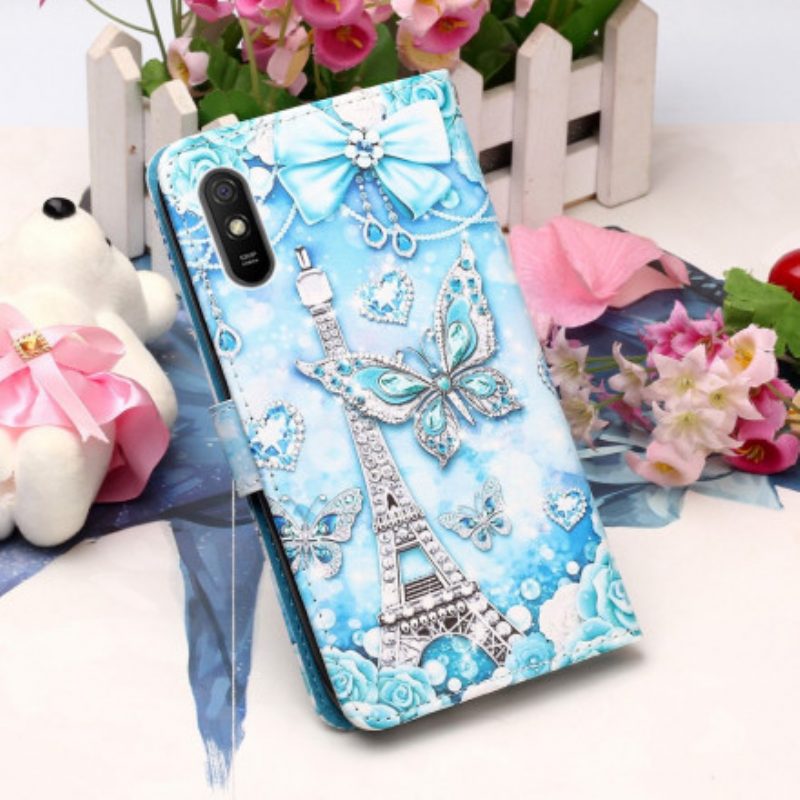 Folio Cover Xiaomi Redmi 9A Cinturino A Farfalla Della Torre Eiffel