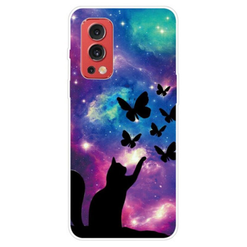 Cover OnePlus Nord 2 5G Gatto E Farfalle Nello Spazio