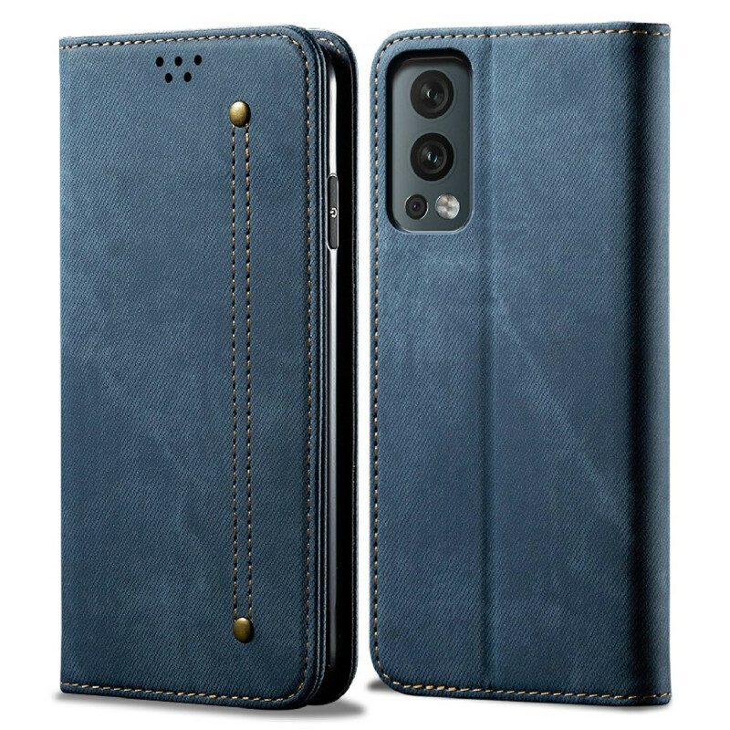 Folio Cover OnePlus Nord 2 5G Custodia in pelle Trama Di Jeans In Ecopelle