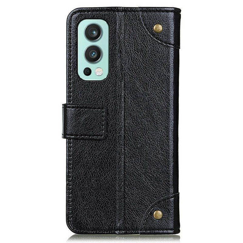 Folio Cover OnePlus Nord 2 5G Rivetti Vintage In Pelle Nappa Stile