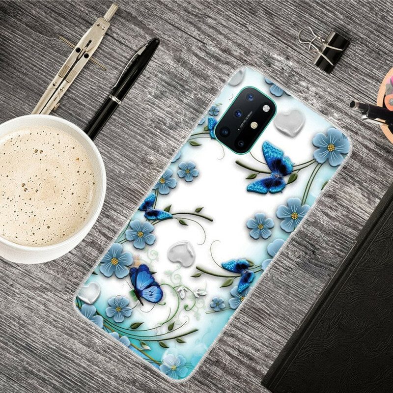 Cover OnePlus 8T Farfalle E Fiori Retrò Senza Soluzione Di Continuità