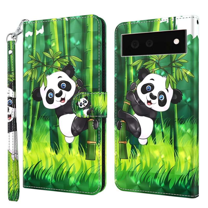 Folio Cover Google Pixel 7 Pro Panda E Bambù Con Cordino