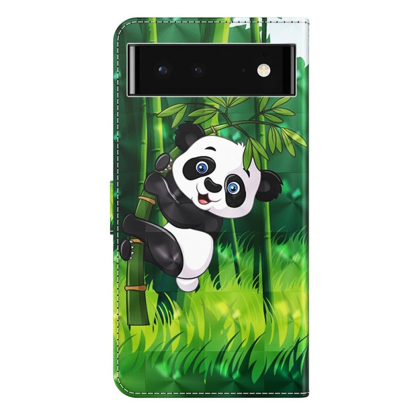 Folio Cover Google Pixel 7 Pro Panda E Bambù Con Cordino