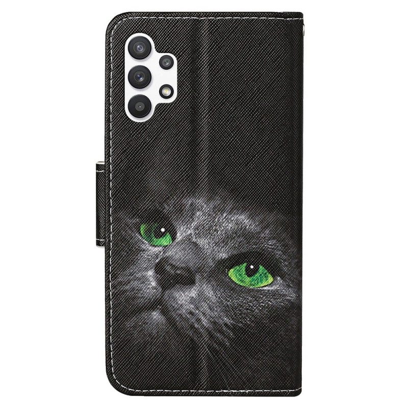 Custodia in pelle Samsung Galaxy A13 Gatto Dagli Occhi Verdi Con Cinturino