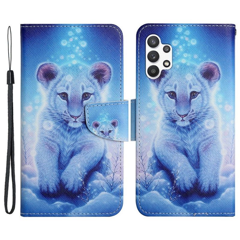 Custodia in pelle Samsung Galaxy A13 Tigre Bianca Con Cordino