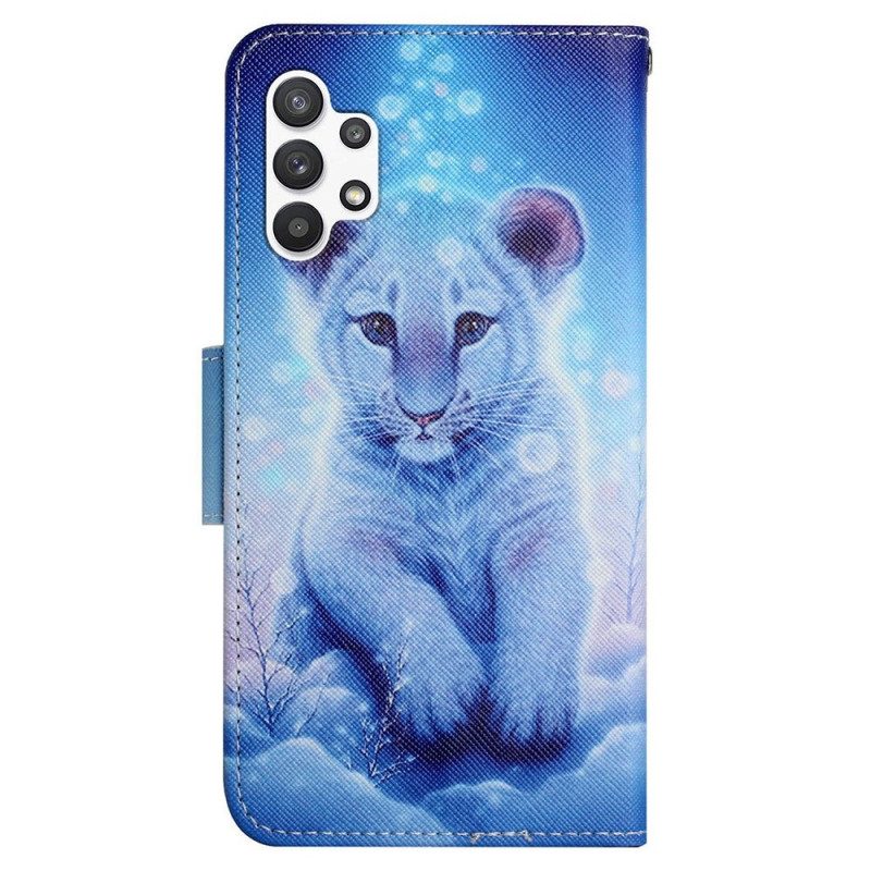 Custodia in pelle Samsung Galaxy A13 Tigre Bianca Con Cordino