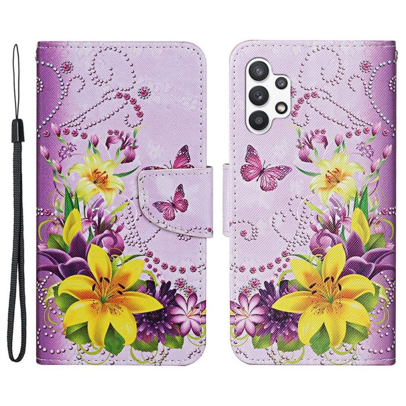 Folio Cover Samsung Galaxy A13 Farfalle Magistrali Con Cordino