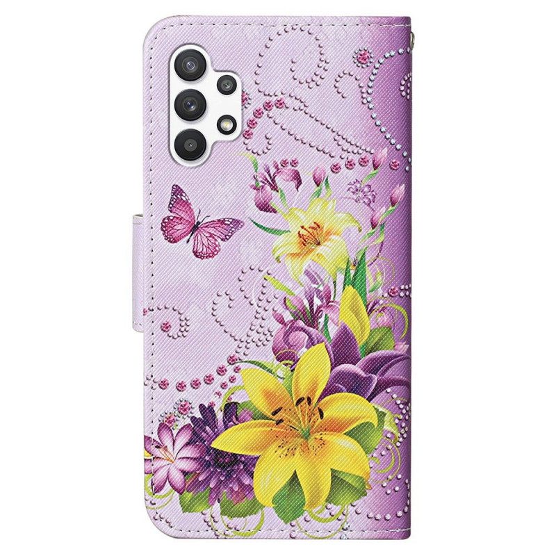 Folio Cover Samsung Galaxy A13 Farfalle Magistrali Con Cordino