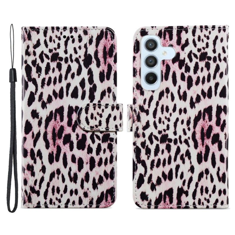 Custodia in pelle Samsung Galaxy A34 5G Stampa Leopardata Con Cinturino