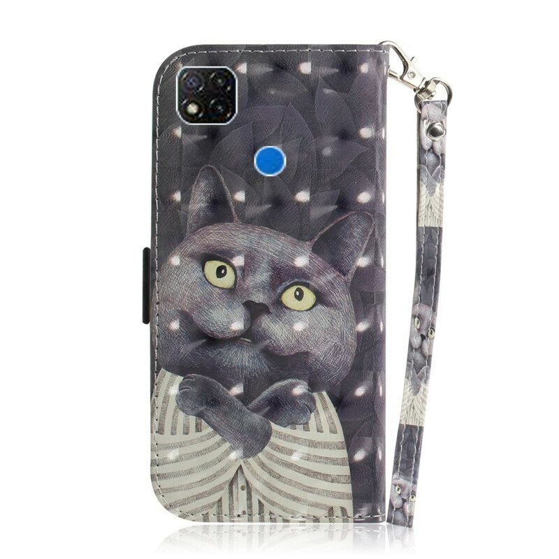 Custodia in pelle Xiaomi Redmi 9C Gatto Grigio Con Cinturino